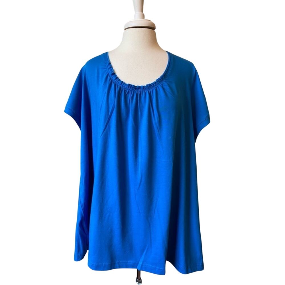 Woman‎ Within NWOT Short Sleeve Shirred Neck Tunic Top Women's 2X Petite Blue